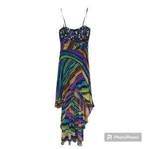 Be Darlin High Low Jeweled Rhinestone Coorful Rainbow Striped Strappy Dress
